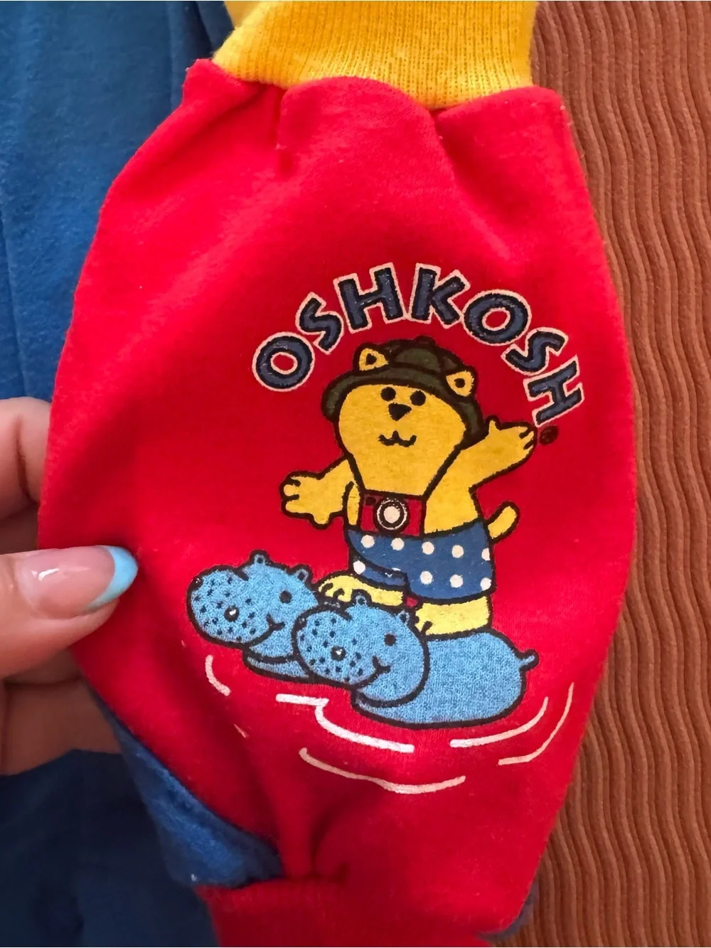 Vtg 90s Oshkosh Colorblock Shortall w Bear Hippo Graphic 6-9M